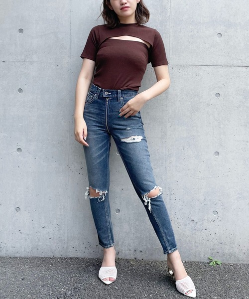 SPIRALGIRL（スパイラルガール）の「バストオープンリブトップス（Tシャツ/カットソー・レディース・ブラック/ベージュ/ブラウン・FREE）」の7枚目の写真