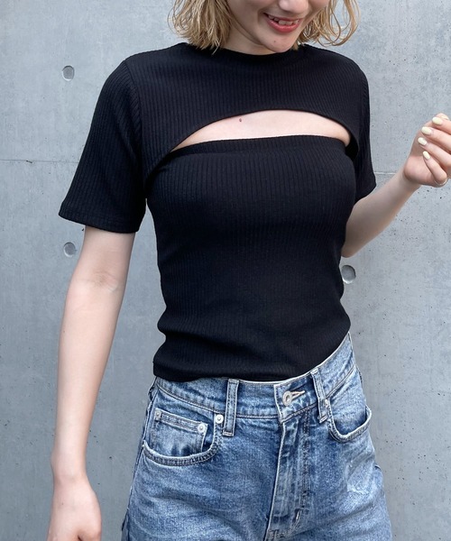 SPIRALGIRL（スパイラルガール）の「バストオープンリブトップス（Tシャツ/カットソー・レディース・ブラック/ベージュ/ブラウン・FREE）」の8枚目の写真