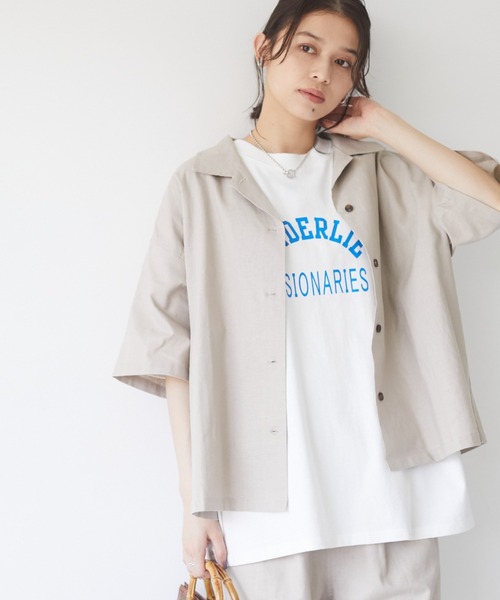 Sugar spoon（シュガースプーン）の「・SUGAR SPOON リネン開襟シャツ＊（シャツ/ブラウス・レディース・ベージュ/サックスブルー/ネイビー/チャコールグレー・FREE）」の2枚目の写真