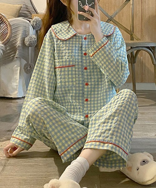 セール Yuga 赤い縁取りが可愛い 長袖チェック柄カーディガンパジャマ ルームウェア パジャマ Frp エフアールピー のファッション通販 Zozotown