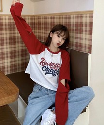配色ラグランスリーブショルダースリットクロップドロンT【ZOZOTOWN限定】