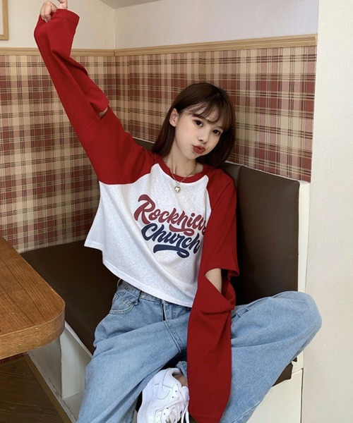 meJane(ミージェーン)の「配色ラグランスリーブショルダースリットクロップドロンT【ZOZOTOWN限定】(Tシャツ/カットソー・レディース・ブラック/ネイビー/レッド・FREE)」の1枚目の写真