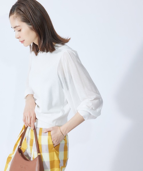 ROPE'（ロペ）の「【秋にも使える】綿ナイロンシアーパフスリーブーニット（ニット/セーター・レディース・ブラック/ホワイト/ダークラベンダー・38）」の2枚目の写真