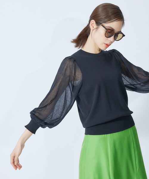 ROPE'（ロペ）の「【秋にも使える】綿ナイロンシアーパフスリーブーニット（ニット/セーター・レディース・ブラック/ホワイト/ダークラベンダー・38）」の3枚目の写真