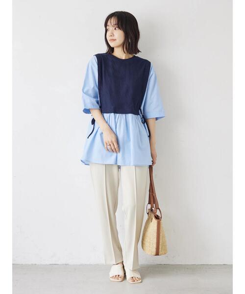 Green　Parks（グリーンパークス）の「テレコドッキングチュニック（シャツ/ブラウス・レディース・ホワイト/ネイビー/ライトグリーン・FREE）」の7枚目の写真