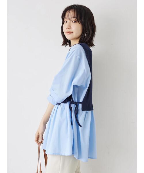 Green　Parks（グリーンパークス）の「テレコドッキングチュニック（シャツ/ブラウス・レディース・ホワイト/ネイビー/ライトグリーン・FREE）」の4枚目の写真