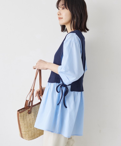 Green　Parks（グリーンパークス）の「テレコドッキングチュニック（シャツ/ブラウス・レディース・ホワイト/ネイビー/ライトグリーン・FREE）」の3枚目の写真