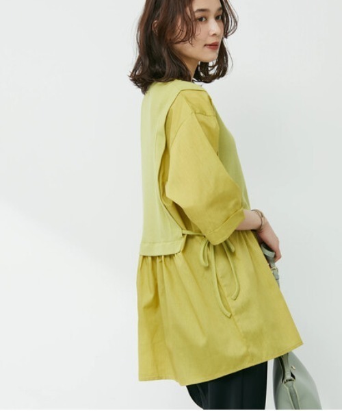 Green　Parks（グリーンパークス）の「テレコドッキングチュニック（シャツ/ブラウス・レディース・ホワイト/ネイビー/ライトグリーン・FREE）」の2枚目の写真