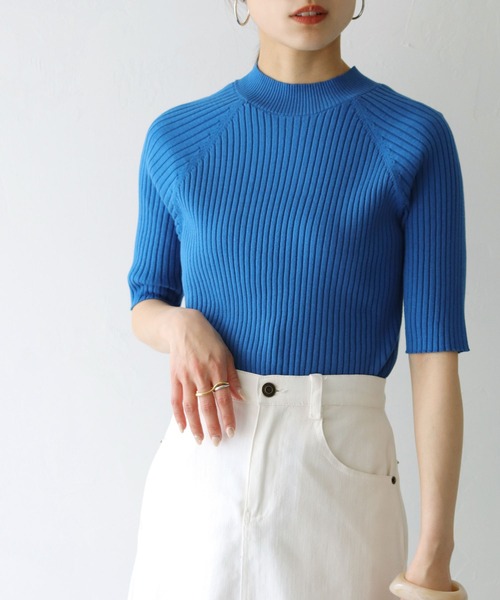 HER CLOSET（ハークローゼット）の「【cheriella】WEB限定ハーフスリーブプチハイネックカラフルリブニット（ニット/セーター・レディース・ブルー/イエロー/レッド/ブラック/ホワイト・M）」の15枚目の写真