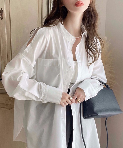 セール T Cブロード ショルダーカットスリット バンドカラーシャツ シャツ ブラウス Moment モーメントプラス のファッション通販 Zozotown