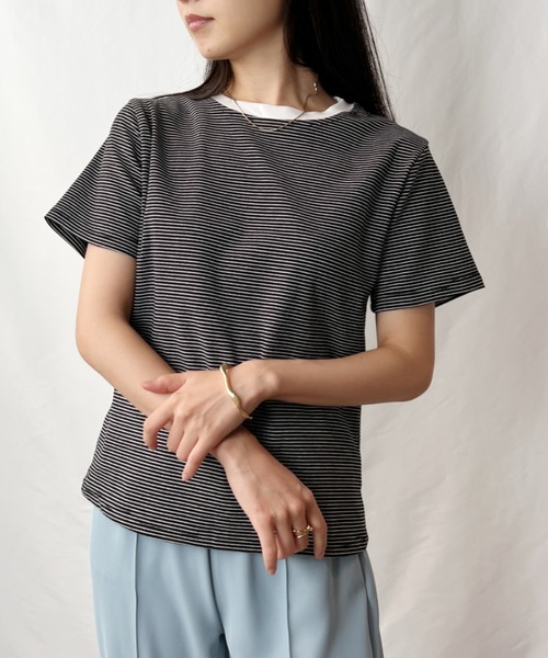 H.Warren（エイチウォーレン）の「ボーダー配色Tシャツ(半袖)（Tシャツ/カットソー・レディース・ホワイト/ブラック/ベージュ/イエロー・FREE）」の10枚目の写真