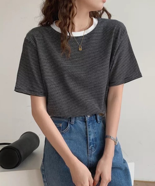 H.Warren（エイチウォーレン）の「ボーダー配色Tシャツ(半袖)（Tシャツ/カットソー・レディース・ホワイト/ブラック/ベージュ/イエロー・FREE）」の13枚目の写真