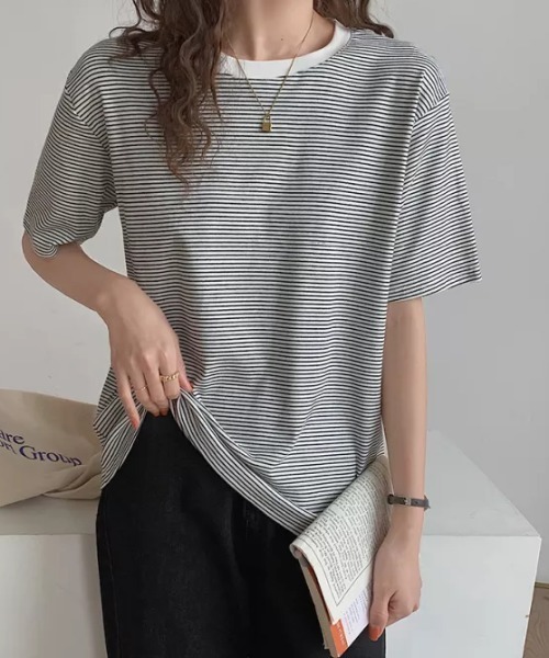 H.Warren（エイチウォーレン）の「ボーダー配色Tシャツ(半袖)（Tシャツ/カットソー・レディース・ホワイト/ブラック/ベージュ/イエロー・FREE）」の6枚目の写真