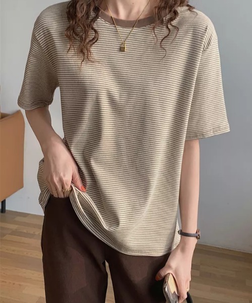 H.Warren（エイチウォーレン）の「ボーダー配色Tシャツ(半袖)（Tシャツ/カットソー・レディース・ホワイト/ブラック/ベージュ/イエロー・FREE）」の14枚目の写真