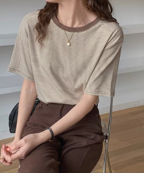 H.Warren（エイチウォーレン）の「ボーダー配色Tシャツ(半袖)（Tシャツ/カットソー・レディース・ホワイト/ブラック/ベージュ/イエロー・FREE）」の16枚目の写真