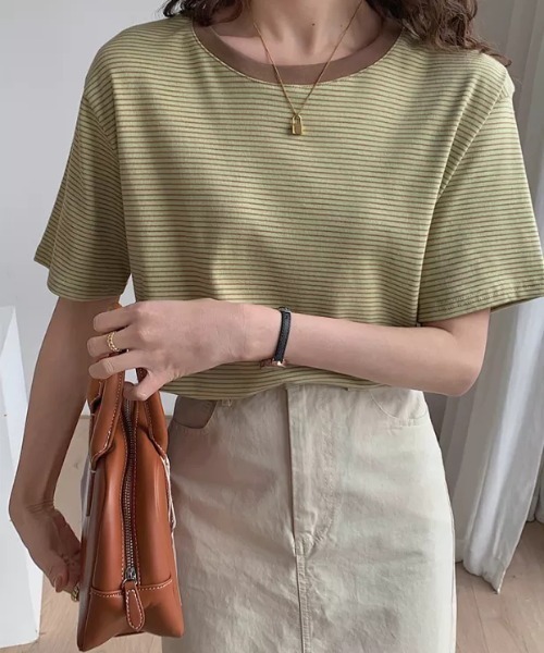 H.Warren（エイチウォーレン）の「ボーダー配色Tシャツ(半袖)（Tシャツ/カットソー・レディース・ホワイト/ブラック/ベージュ/イエロー・FREE）」の18枚目の写真