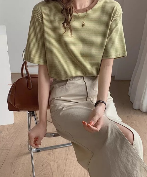 H.Warren（エイチウォーレン）の「ボーダー配色Tシャツ(半袖)（Tシャツ/カットソー・レディース・ホワイト/ブラック/ベージュ/イエロー・FREE）」の21枚目の写真