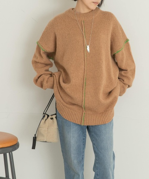 UR Lab.（アーバンリサーチラボ）の「配色ステッチビッグニット（ニット/セーター・レディース・ブルー/ベージュ/ネイビー・FREE）」の2枚目の写真