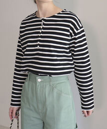 fredy emue | ボーダーパールボタンヘンリープルオーバー(Tシャツ/カットソー)
