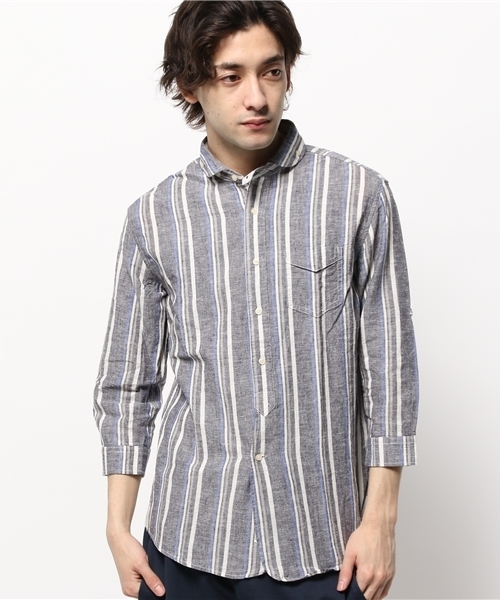 OUTLET（アウトレット）の「【CIAOPANIC TYPY】綿麻マルチストライプ7分シャツ（シャツ/ブラウス・メンズ・グレー/ネイビー・SMALL/LARGE/MEDIUM）」の2枚目の写真