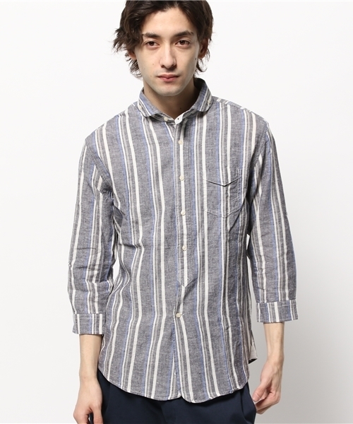 OUTLET（アウトレット）の「【CIAOPANIC TYPY】綿麻マルチストライプ7分シャツ（シャツ/ブラウス・メンズ・グレー/ネイビー・SMALL/LARGE/MEDIUM）」の3枚目の写真