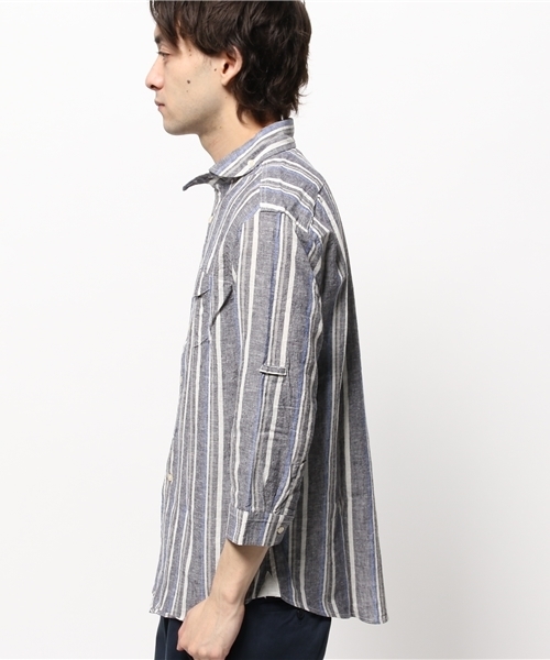 OUTLET（アウトレット）の「【CIAOPANIC TYPY】綿麻マルチストライプ7分シャツ（シャツ/ブラウス・メンズ・グレー/ネイビー・SMALL/LARGE/MEDIUM）」の4枚目の写真