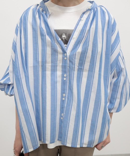 AMERICAN HOLIC（アメリカンホリック）の「ギャザーボイルブラウス（シャツ/ブラウス・レディース・ネイビー/オフホワイト/サックスブルー/ストライプ・M/L）」の10枚目の写真