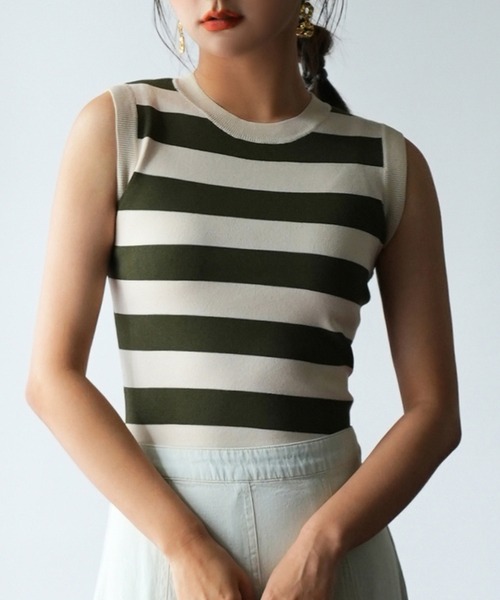 セール】クルーネック配色ボーダーノースリーブニット（タンクトップ