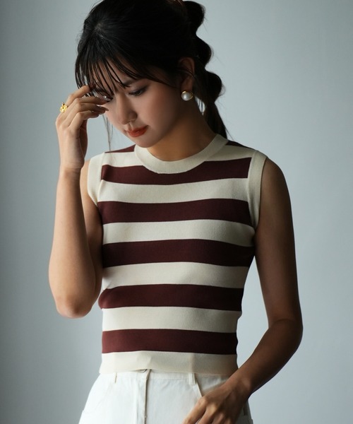 セール】クルーネック配色ボーダーノースリーブニット（タンクトップ