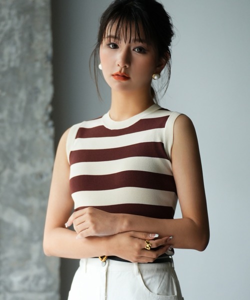 セール】クルーネック配色ボーダーノースリーブニット（タンクトップ