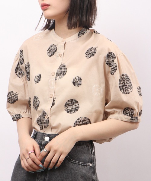 ブラウス シャツ EMAGO ドット総柄プリント半袖ブラウス レディース Emago ブラウス シャツ EMAGO ドット総柄プリント半袖ブラウス