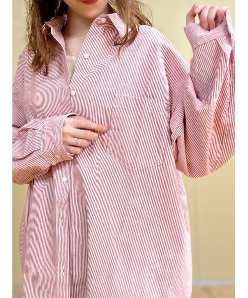 BACK NUMBER(バックナンバー)の「【BACK NUMBER】(Cafe Shirt)カラーストライプビッグ長袖シャツ(シャツ/ブラウス・レディース・イエロー/グリーン/パープル/ブラウン/ピンク・M-L)」の10枚目の写真