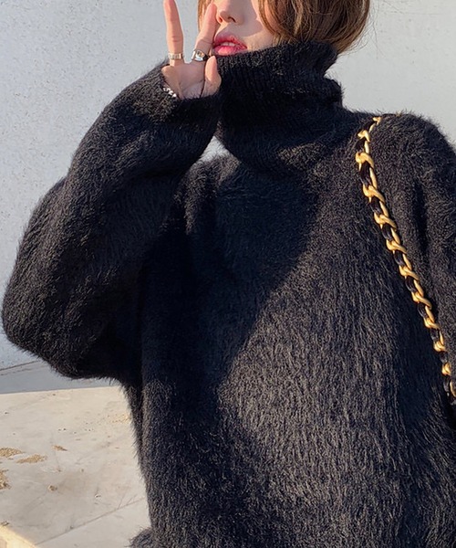 VitaFelice(ヴィータフェリーチェ)の「ハイネック&ボリュームスリーブ シャギーニット(ニット/セーター・レディース・ブラック/パープル/ピンク/ホワイト・FREE)」の6枚目の写真