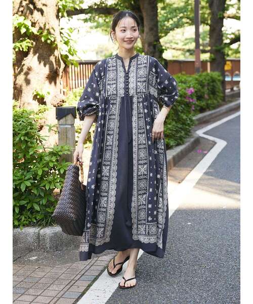 CRAFT STANDARD BOUTIQUE（クラフトスタンダードブティック）の「【追加】パネル柄ウエスト切り替えボリュームワンピース（ワンピース・レディース・ライトベージュ/チャコールグレー/ライトグリーン/ブルー・FREE）」の5枚目の写真