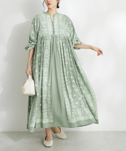 CRAFT STANDARD BOUTIQUE（クラフトスタンダードブティック）の「【追加】パネル柄ウエスト切り替えボリュームワンピース（ワンピース・レディース・ライトベージュ/チャコールグレー/ライトグリーン/ブルー・FREE）」の3枚目の写真