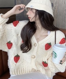 Dream garden | 可愛いイチゴ柄長袖ニットカーディガン(カーディガン/ボレロ)