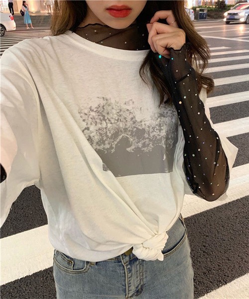 SHEPP(シープ)の「ドットプリント フリルロンT/シアートップス(Tシャツ/カットソー・レディース・アイボリー/ブラック・M/S/L)」の8枚目の写真