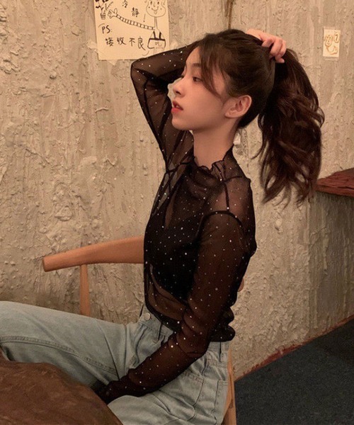 SHEPP(シープ)の「ドットプリント フリルロンT/シアートップス(Tシャツ/カットソー・レディース・アイボリー/ブラック・M/S/L)」の9枚目の写真