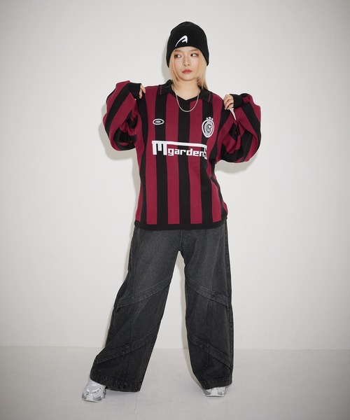 MSG(エムエスジー)の「オーバーサイズ襟配色ジャガードゲームシャツニット ユニフォームニット(ニット/セーター・メンズ・チャコール/レッド/ブラック/オフホワイト・L/M/S/XL)」の14枚目の写真