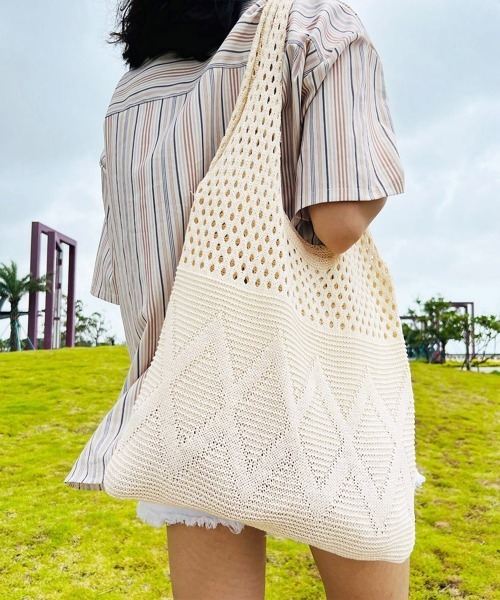 Miniministore（ミニミニストア）の「韓国ニットトートバッグ 編みバッグ 新作（トートバッグ・レディース・ピンク/グリーン/ラベンダー/ベージュ/アイボリー・FREE）」の2枚目の写真