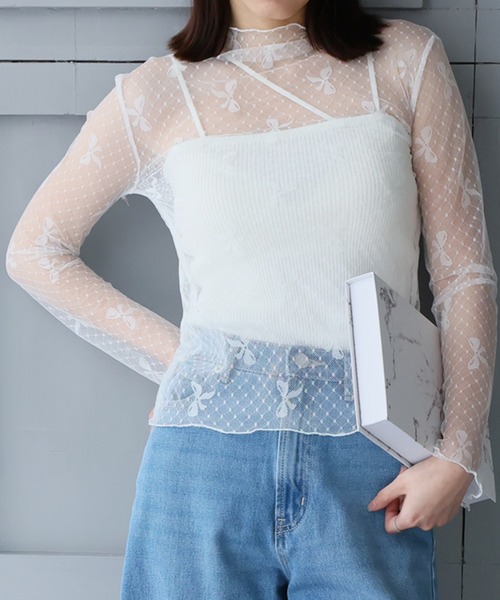 LAFFMO（ラフモ）の「リボンシースルートップス（Tシャツ/カットソー・レディース・ホワイト/ブラック・F）」の11枚目の写真