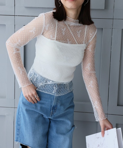 LAFFMO（ラフモ）の「リボンシースルートップス（Tシャツ/カットソー・レディース・ホワイト/ブラック・F）」の14枚目の写真