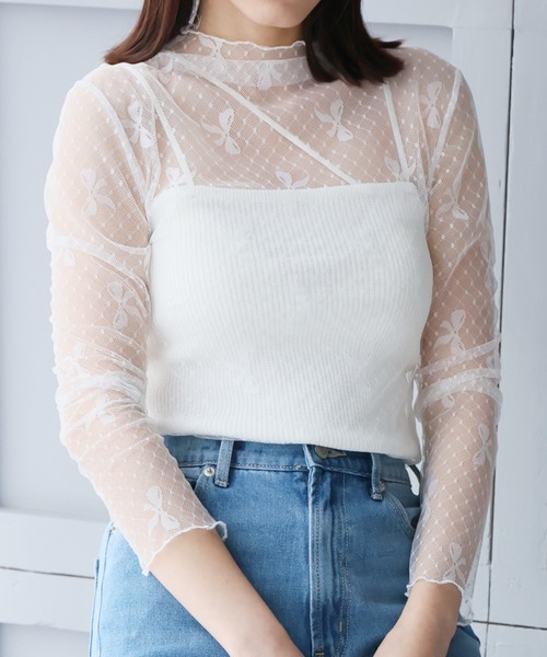 LAFFMO（ラフモ）の「リボンシースルートップス（Tシャツ/カットソー・レディース・ホワイト/ブラック・F）」の16枚目の写真