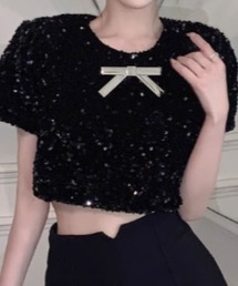 Chick | スパンコールショート丈リボントップス(Tシャツ/カットソー)