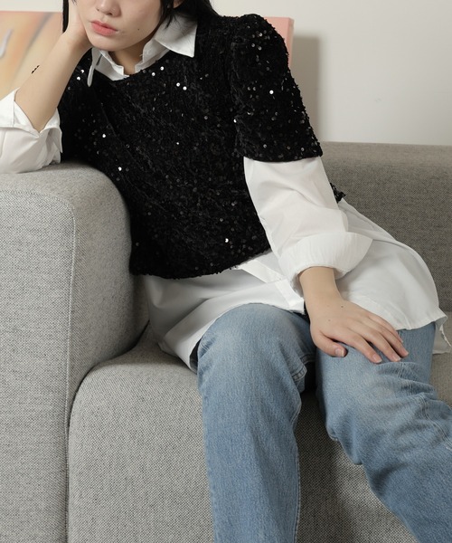 Chick（チック）の「スパンコールショート丈リボントップス（Tシャツ/カットソー・レディース・ブラック・S/M）」の11枚目の写真