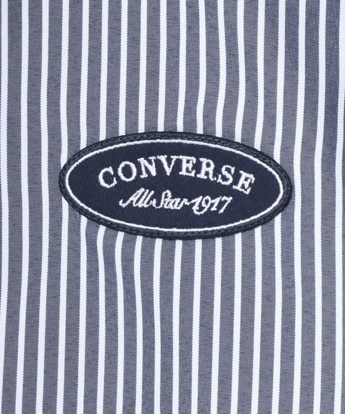 CONVERSE（コンバース）の「CONVERSE/コンバース オーバーサイズ ロゴ ワッペン ワンポイント刺繍 ストライプ レギュラーカラー 半袖シャツ/レディース メンズ（シャツ/ブラウス・レディース・ネイビー/ブルー系その他/ホワイト・M/L/LL）」の4枚目の写真