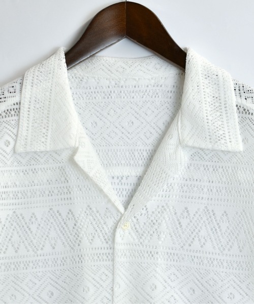 【セール】monotone lace open collar shirt/モノトーン レース 半袖 オープンカラー シアーシャツ（シャツ/ブラウス）｜Starting Over（スターティングオーバー）