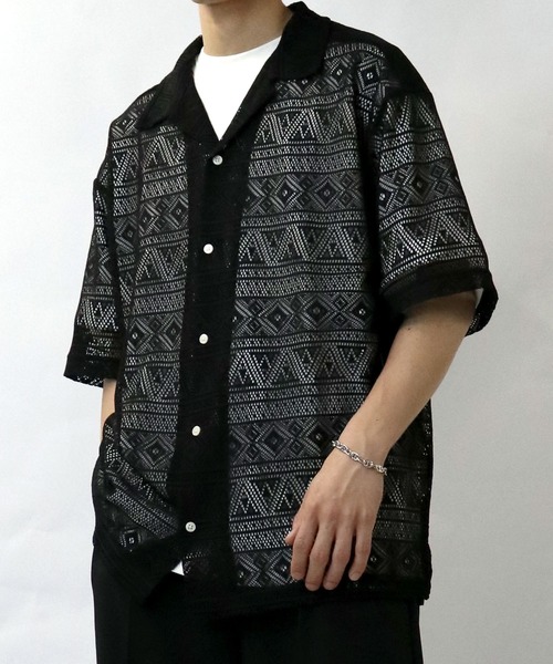 【セール】monotone lace open collar shirt/モノトーン レース 半袖 オープンカラー シアーシャツ（シャツ/ブラウス）｜Starting Over（スターティングオーバー）