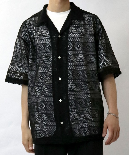 【セール】monotone lace open collar shirt/モノトーン レース 半袖 オープンカラー シアーシャツ（シャツ/ブラウス）｜Starting Over（スターティングオーバー）