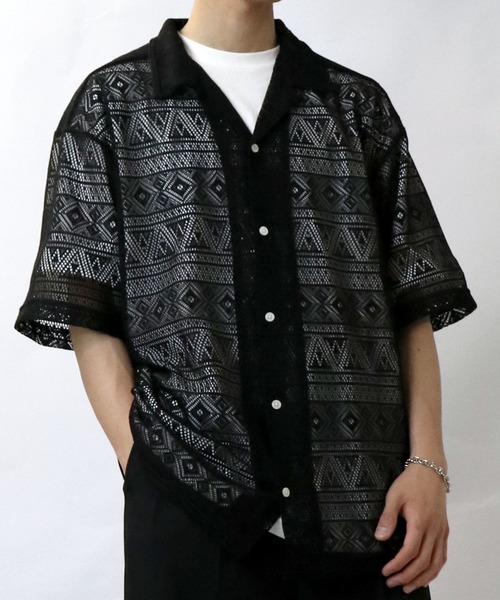 【セール】monotone lace open collar shirt/モノトーン レース 半袖 オープンカラー シアーシャツ（シャツ/ブラウス）｜Starting Over（スターティングオーバー）